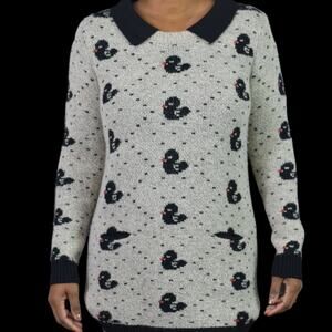 Shadow Rubber Duck Print Sweater Grey Knit Intarsia Block Whimsical Retro Small